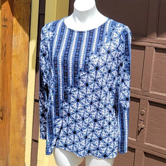 Bob Mackie Wearable Art blue daisy chain diagonal contrast tunic size M - Picture 2 of 8